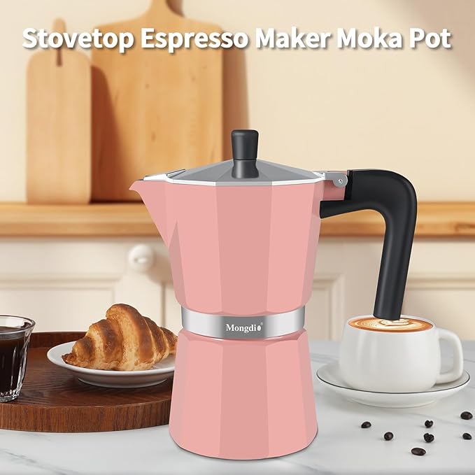 Mongdio Stovetop Espresso Maker Moka Pot, Stove Top Cuban Coffee Maker, Italian Greca Mocha Pot, 9 Espresso Cups, 15 oz - Pink