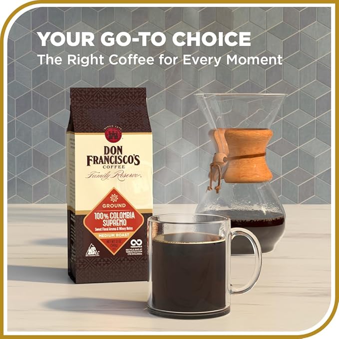 Don Francisco's 100% Colombia Supremo Ground Coffee, Medium Roast – 100% Arabica Coffee, 12 oz Bag