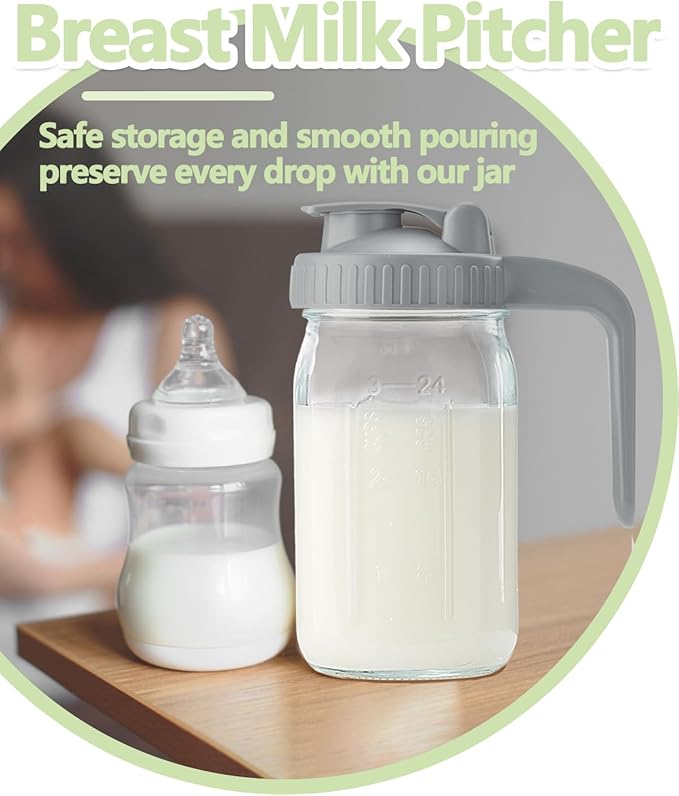 32oz Glass Pitcher with Lid & V-shaped Pour Spout - 1 Quart Breastmilk Pitcher Double Leak Proof, Creamer Container for Sun Tea, Juice, Cold Brew Coffee, Breastmilk Storage Container