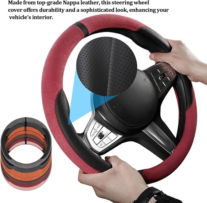 HZEL Car Steering Wheel Cover, Non-Slip Suede Leather Breathable Vehicle Steering Wheel Protector with Inner Ring, Automotive Interior Protective Accessories, Universal Fit (Coffee)