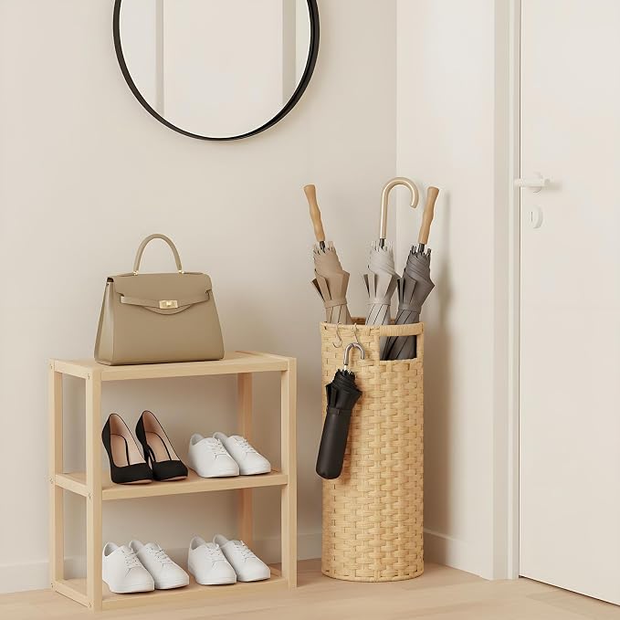 Lounsweer 20.8" H Extra Tall Rattan Umbrella Stand, Hand Woven Umbrella Rack Organizer Freestanding with Detachable Drip Tray and 2 Hooks, Bucket for Home, Entryway, Mud Room, Office, 7.5" L x 7.5" W