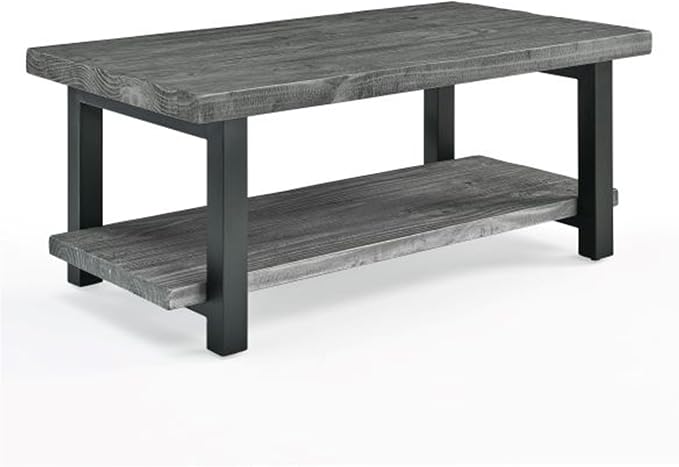 Pomona 42-Inch Rectangular Solid Wood Coffee Table with Storage Shelf & Metal Legs – Modern Rustic Industrial Living Room Table by Alaterre Furniture (Slate Grey)