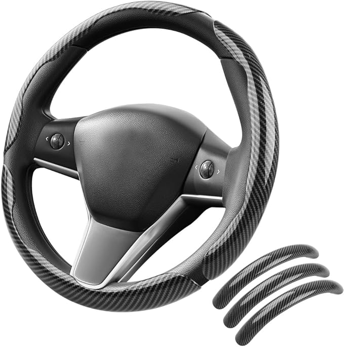Carbon Fiber Steering Wheel Cover 3PCS, Non-Slip Grip for Universal Cars,Fit for 14–16 Inch Wheels, Interior Accessories for Cars Trucks (Black)