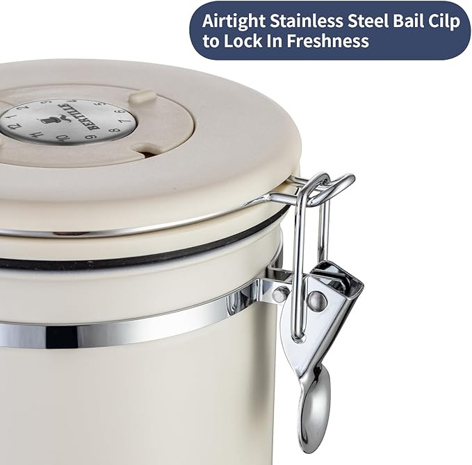 BERTILLE Stainless Steel Coffee Canister,22oz Kitchen Food Storage Container with Date-Tracker, CO2-Release Valve and Measuring Scoop for Grounds Coffee, Beans, Tea, Flour, Cereal, Sugar（Large,Cream）