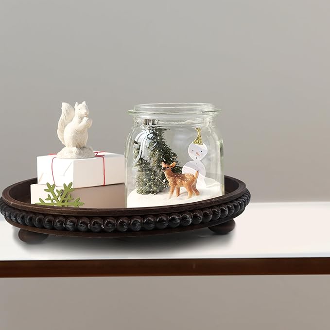 Wooden Serving Tray: 12in Brown Round Wood Butler Decorative Tray Candle Holder Trays Centerpiece Farmhouse Ottoman Tray for Decor Countertop Home Decor Accessories for Coffee Table