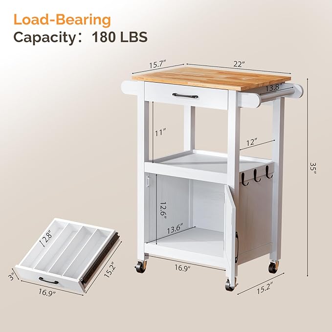 VINGLI Rolling Kitchen Cart with Microwave Stand, Storage Cabinet & Drawer, Small Coffee Cart with Side Hooks & Towel Rods, Compact Kitchen Island on Swivel Wheels, White