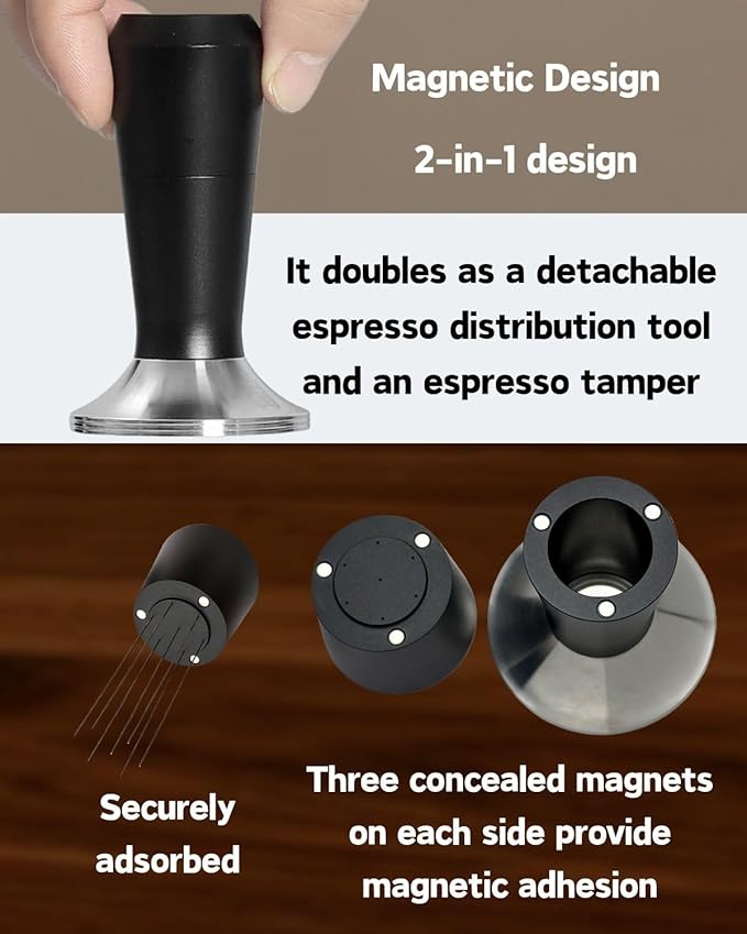 Espresso Tamper 51/53/58mm Magnetic WDT Tool 2 in 1 Accessories, Barista Coffee Tamper Kit with Distribution Tool Dosing Funnel Puck Screen, Stainless Steel Flat Base (58mm)