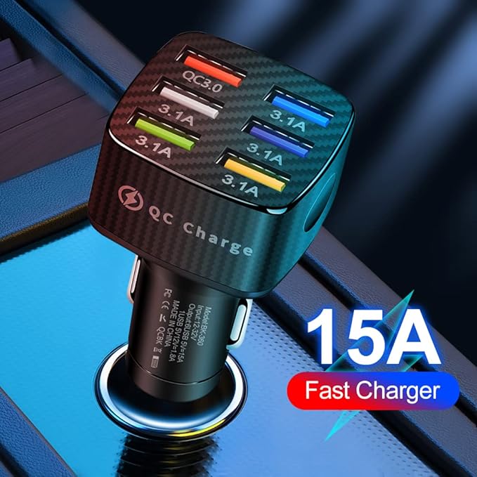 6 in 1 Super Fast Charging USB Car Charger Adapter for iPhone 16 15 14 13 12 11 Samsung & Android, QC3.0 Multi Port Cigarette Lighter USB Charge for Phone