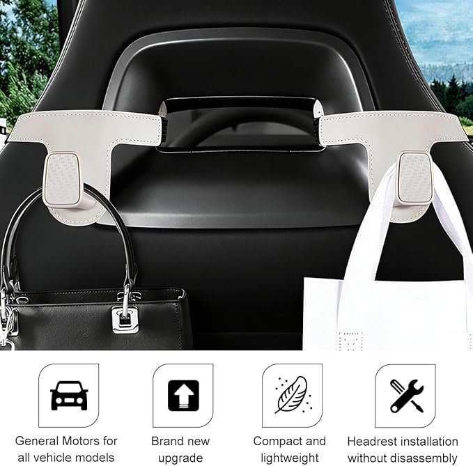 HZEL Car Seat Headrest Hook, 2PCS Vehicle Back Seat Hanger Holder Hook, Multipurpose Automotive Interior Headrest Storage Organizer for Purses Bags Coats, UniversalFit (Beige White)