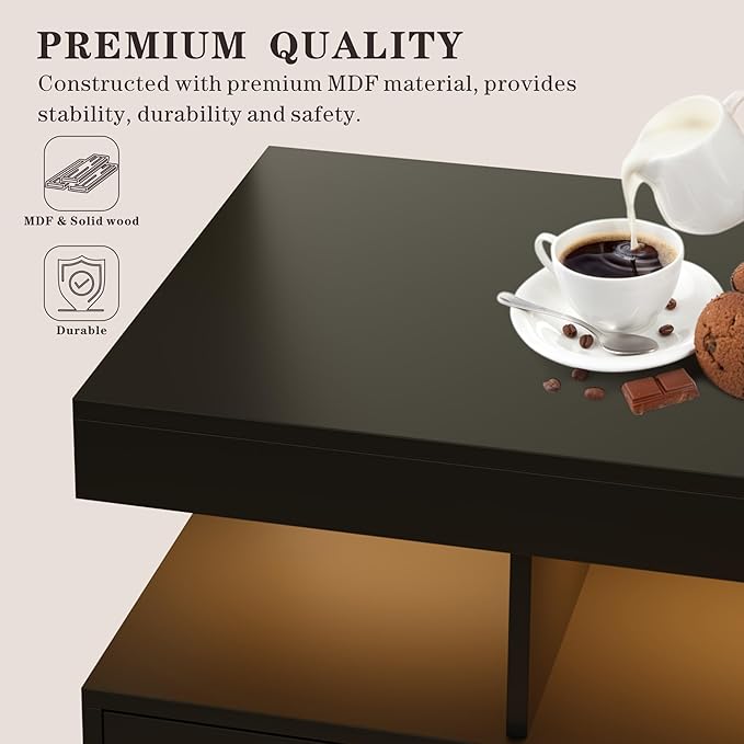 Buffet Cabinet with Storage, Modern Coffee Bar Table with 3 Drawers and 2 Doors for Kitchen, 20-Color LED Lights Sideboard Buffet Cabinet with Charging Station, Black