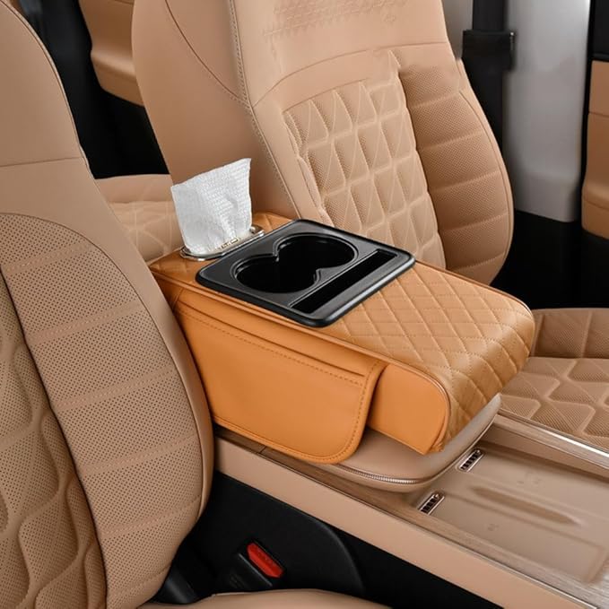 Car Center Console Armrest Pad for Nissan Kicks 2018–2025 2026 P16,Pu Leather Heightening Cushion with Cup Holder and Tissue Box,Multifunctional Organizer Accessories,Yellow