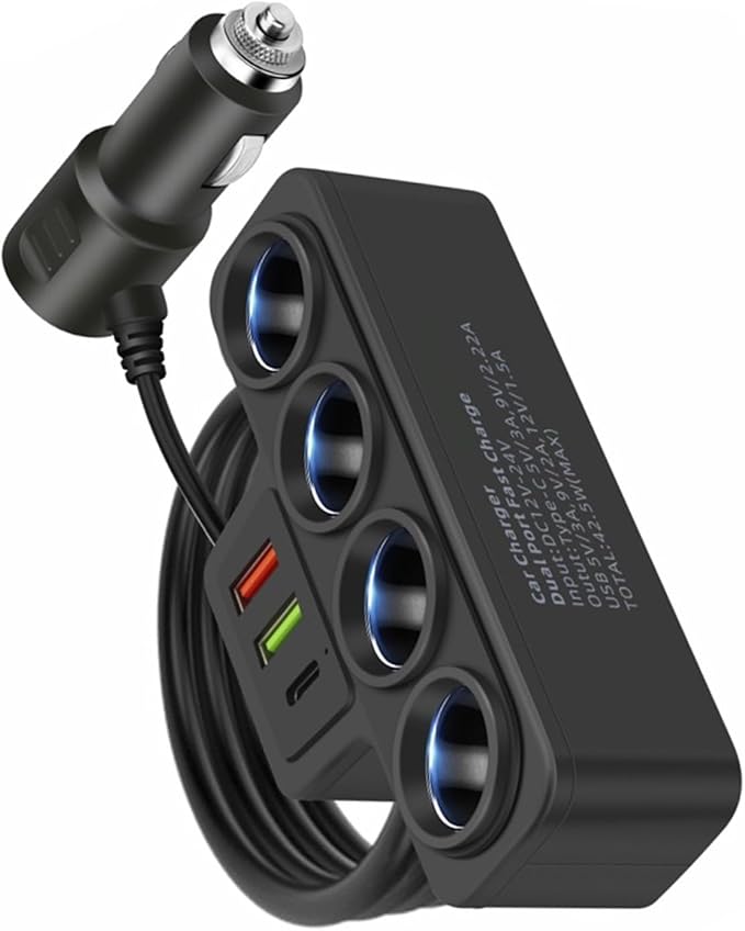 Type C USB Car Charging Adapter 12V/24V Vehicles Power Socket Splitter for Dashcam/Phones Safe Charging Black