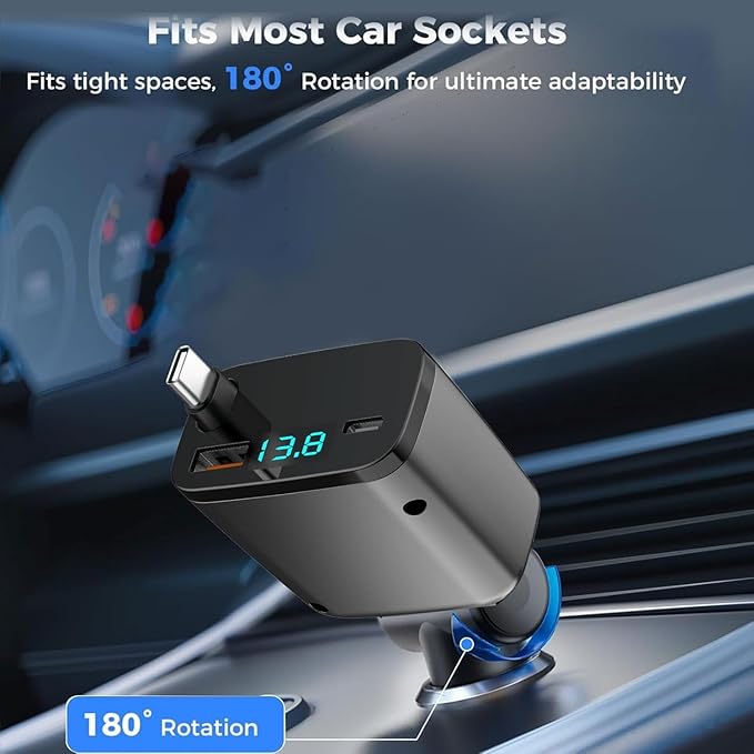 Retractable Car Charger, 3 in 1 USB C Car Phone Charger Adapter Compatible with iPhone 17 16 15 14 13 12 11 Pro Max (Black)