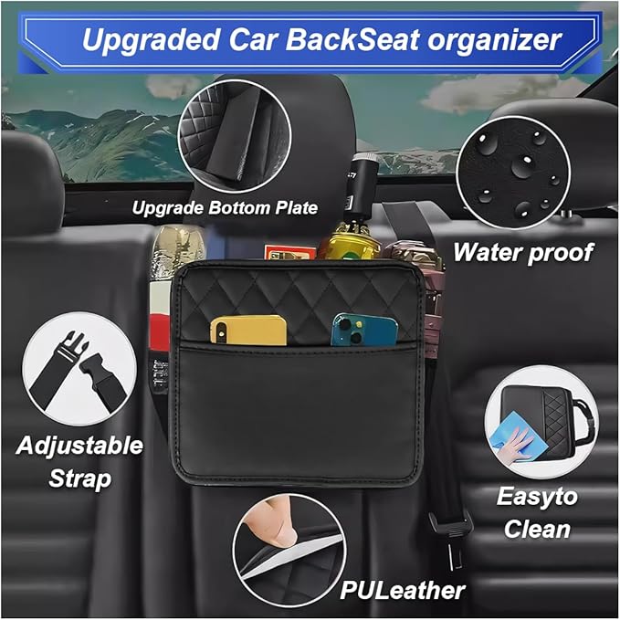 Car Back Seat Organizer, Waterproof Leather Automotive Backseat Hanging Bag with Cup Holders, Large Capacity Car Trash Can, Vehicle Travel Accessories for Most Vehicles (2PCS/Black)