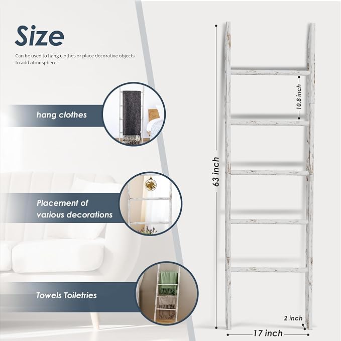 5-Tier Blanket Ladder Wooden, 5.3FT(63'') Blanket Quilt Holder Rack Decorative Ladders, Easy Assembly, Rustic Farmhouse Ladder Shelf for The Living Room Bedroom Bathroom Home Decor, White Wash