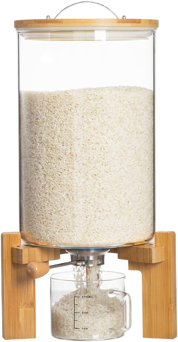 HBlife 14-16 Lbs Glass Rice Dispenser with Wooden Stand Flour and Cereal Container with Glass Measuring Cup Pantry Food Organization Storage Bin with Airtight Bamboo Lid, 8L