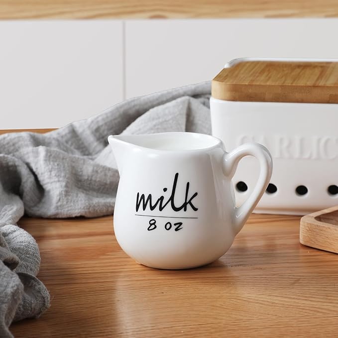 Creamer Pitcher with Handle,Ceramics Milk Creamer Container for Milk,Coffee,Sauce,Microwave Safe, White (12-Ounce, Set/1)
