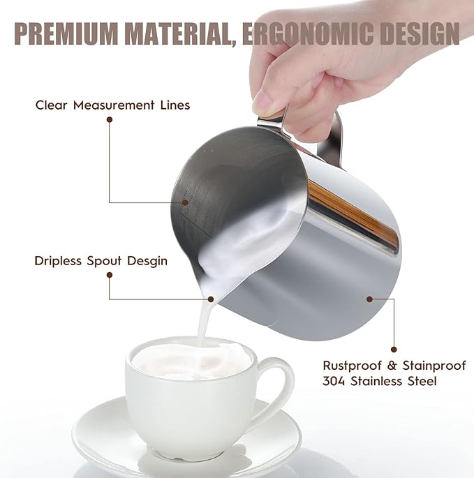 Milk Frothing Pitcher, 20oz Espresso Steaming Pitchers Stainless Steel Cappuccino Coffee Machine Accessories Barista Tools Steamer Froth Pitchers Milk Jug Cup with Decorating Pen Latte Art
