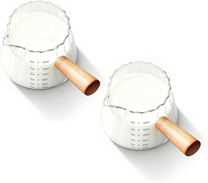 YARRAMATE 2 Pack 6 oz/180ML Glass Measuring Cup with Wooden Handle – Espresso Shot Cups, Ribbed Milk Frothing Pitcher, Dual Scale Markings, V-Shaped Mouth for Easy Pouring, Dishwasher Safe