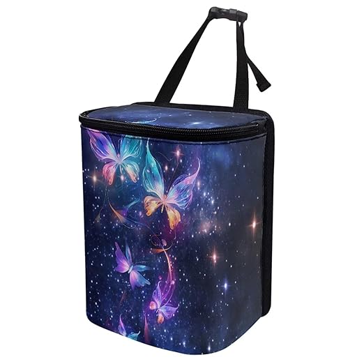 Galaxy Butterfly Car Trash Can with Lid,Butterfly Car Interior Set Zipper Auto Garbage Hanging Leak Proof Vehicle Trash Bin Rubbish Storage Bag for Most Vehicle Back/Front Seat/Console