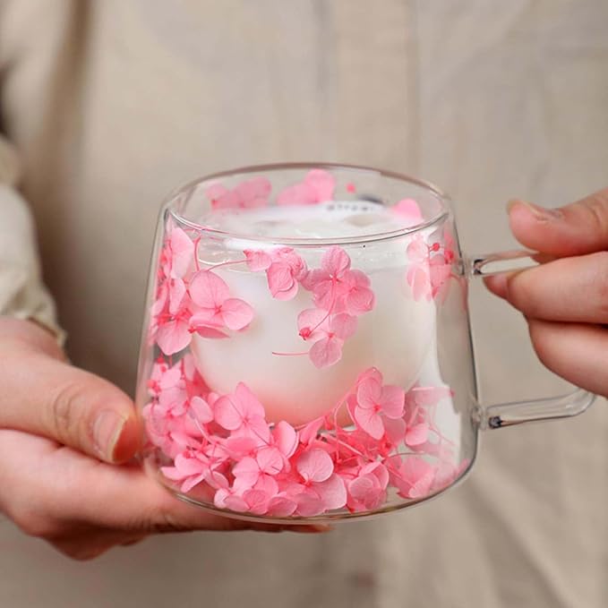 Generic Double Wall Insulated Glass Cup,Dried Flower Mug with Handle,Creative Transparent Coffee Cups,Gift for Women Mom Female (Pink)