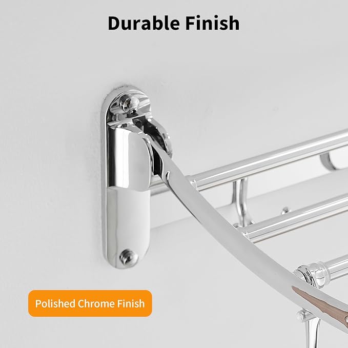 BESy 24 Inch Polished Chrome Towel Racks, Bathroom Towel Shelf with Foldable Towel Bar Holder and Towel Hooks, Wall Mounted Multifunctional Bathroom Accessories, Double Towel Bars