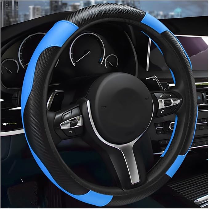 Elastic Steering Wheel Cover - Microfiber Leather Carbon Fiber Protector with Anti-Slip Lining - Black+Blue