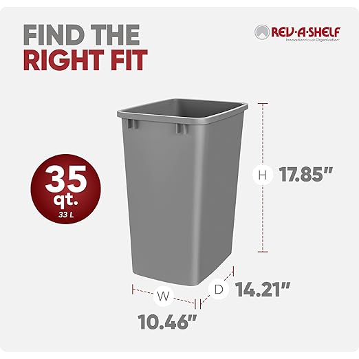 Rev-A-Shelf 2-Pack 35 Quart Polymer Replacement Trash Bin, Recycle Waste Garbage Container for Kitchen Cabinet Pullouts, Silver, RV-35-17-2 - Large Plastic Bins for Home and Office
