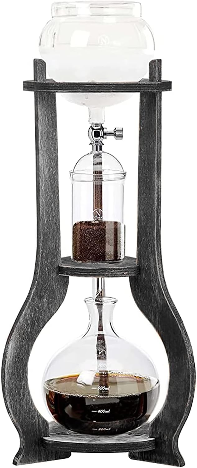 Iced Coffee Cold Brew Drip Tower Coffee Maker, Wooden Ice Coffee Machine, Stainless Steel and Borosilicate Glass, Long Neck Sharing Pot, with Measuring Spoon (Grey)