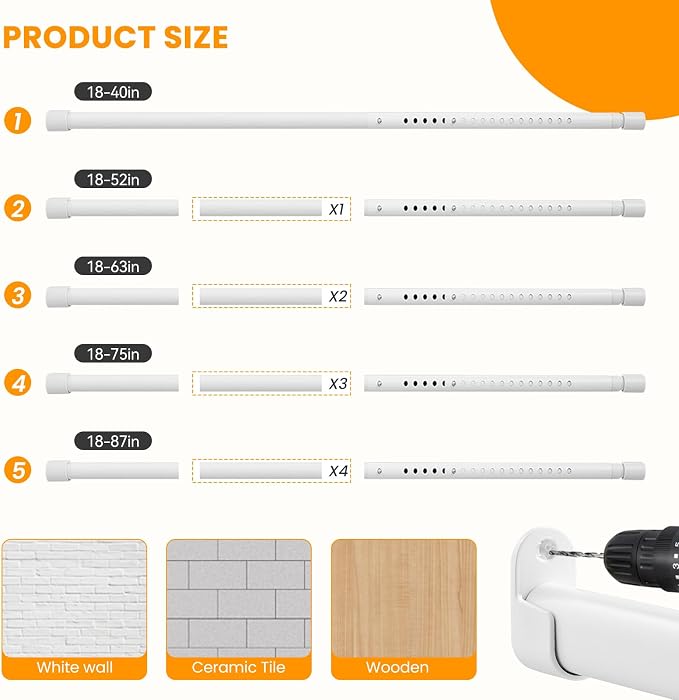 Oval Closet Rod for Hanging Clothes 18 to 52 Inch Adjustable with Snap Fasteners Heavy Duty 1 inch Diameter With End Supports White Poles Bar Closet Rod Expandable for Wardrobes