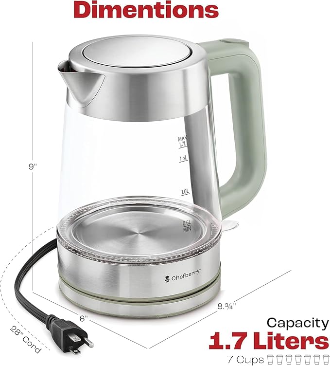 Electric Kettle for Boiling Hot Tea & Water | 1.7L Stainless Steel Borosilicate Glass Boiler With No Plastic, Automatic Shutoff, BPA Free, Fast Heating Technology (Green)