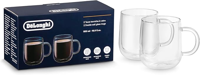 De'Longhi Double Wall Glass Mug, (500ml 16.9oz) Set of 2