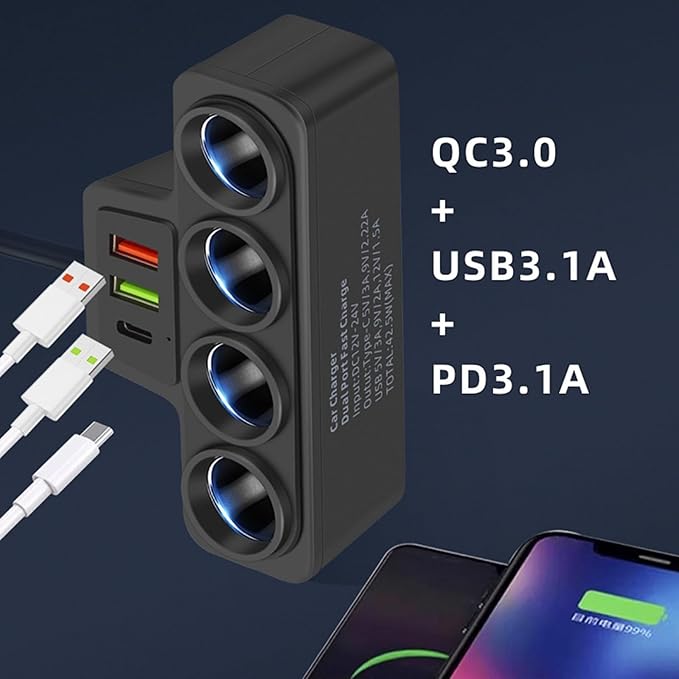 Type C USB Car Charging Adapter 12V/24V Vehicles Power Socket Splitter for Dashcam/Phones Safe Charging Black