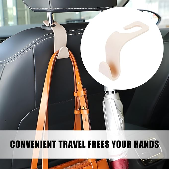HZEL Car Seat Headrest Hook, 4PCS Vehicle Back Seat Hanger Hook for Purse Coat Umbrella, Multifunctional Auto Interior Storage Organizer Accessories, Universal for SUV RV Truck (Beige)