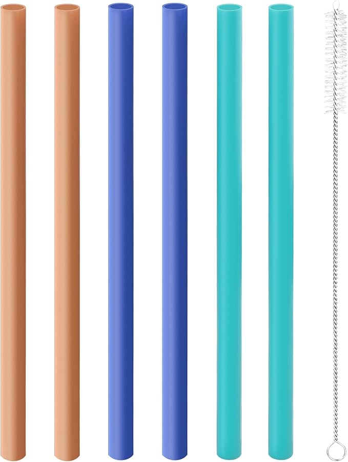 Joshey 6PCS Replacement Straws for Owala FreeSip 24oz & 32oz Water Bottles - Reusable Plastic Straws with 1 Cleaning Brush, Travel Tumbler Accessories Parts - 3 Colors (Brown, Royal-Blue, Green)