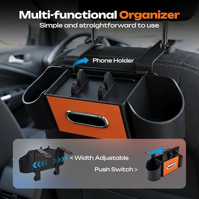 4-in-1 Car Backseat Organizer with Cup Holder, 2026 Upgraded Multifunctional Car Back Seat Organizer with Tissue Box, Trash Bin & Hooks for Hold Phones, Snacks, Drinks, and Handbags (Orange)