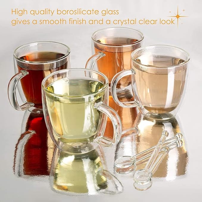 Moss & Stone Set of 4 Double Wall Glass Cup Clear Mug, Double Walled Coffee Mugs 7.4 Oz, Glass Tea Mugs, Insulated Coffee Mug With Handle & 2 Glass Spoons, Cappuccino Cups Set