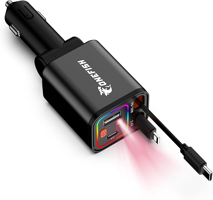 OneFish Starlight Fast Car Charger, 4 in 1 Cigarette Lighter Chargers with USB Type C Ports Retractable Cord Display, for iPhone 17 16 15 14 Pro Max Plus/iPad, Car Truck Essentials Gift for Women Men