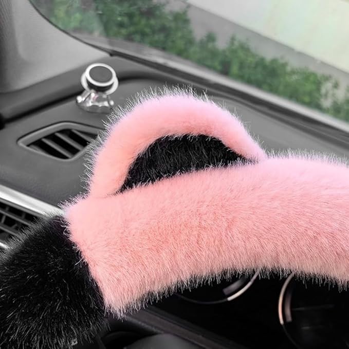 Car Steering Wheel Cover with Cat Ears Winter Warm Fuzzy Steering Wheel Protector Car Accessories Interior Decorations (Black+Pink)