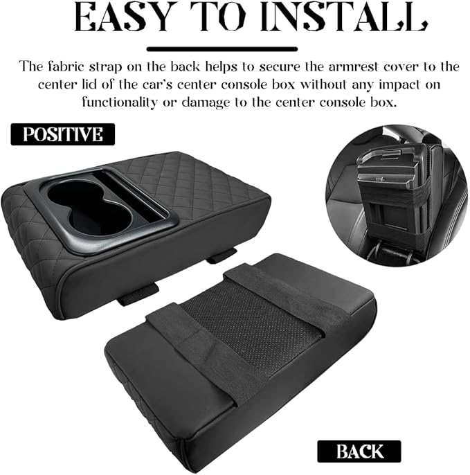 Car Center Console Armrest Pillow, 14"×8.3" Leather Memory Foam Armrest Cushion with Cup Holder & Phone Holder, Waterproof Middle Console Cover Box Protector for Most Vehicle (Diamond Pattern)