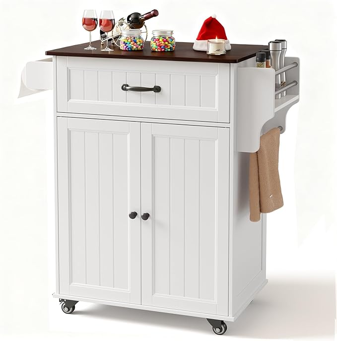 Gizoon Kitchen Island Cart with Adjustable Shelf, 33" W White Mobile Trolley Cart on Metal Wheels with Drawer & Storage Cabinet, Spice Rack & Towel Rack, for Dining Room, Bar, Retro Wooden Countertop