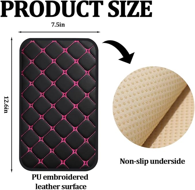 Car Center Console Cushion Pad, Comfortable PU Leather Vehicle Armrest Seat Box Cover, Waterproof Automotive Interior Arm Rest Protector Accessories, Universal Fit (Black/Rose Red)