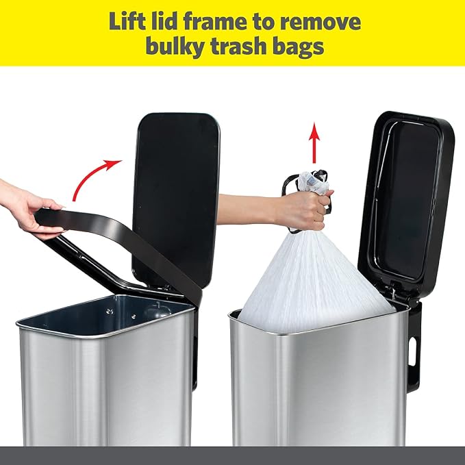 Glad Slim Trash Can with Clorox Odor Protection - Narrow Kitchen Garbage Bin with Soft Close Lid, Step On Foot Pedal and Waste Bag Roll Holder, Stainless Steel, 12 Gallon/45 Liter