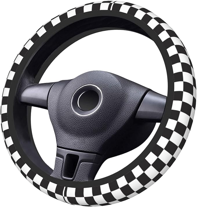 Black and White Checkered Steering Wheel Cover Rubber Anti-Slip 14.5-15 Inch Universal Steering Wheel Cover with 2 Pieces Car Coasters Suitable for Men Women