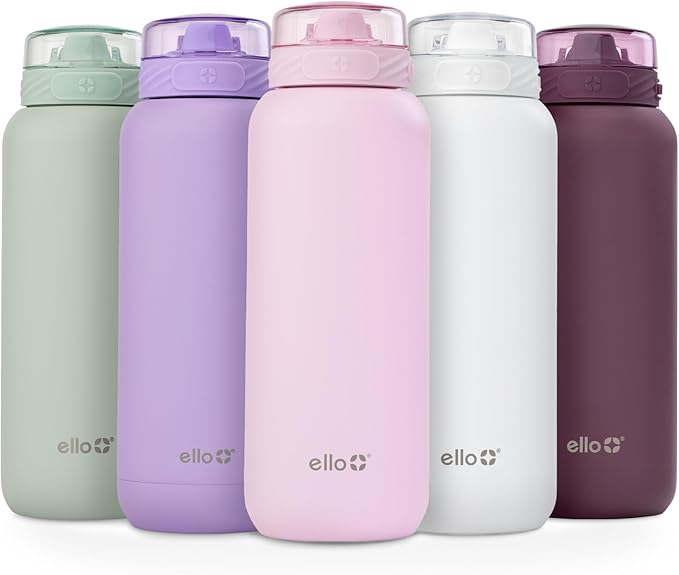Ello Cooper 22oz Stainless Steel Water Bottle with Straw and Carry Handle, Double Walled and Vacuum Insulated Metal, Leak Proof Locking Lid with Soft Silicone Spout, Reusable, BPA Free, Cashmere Pink