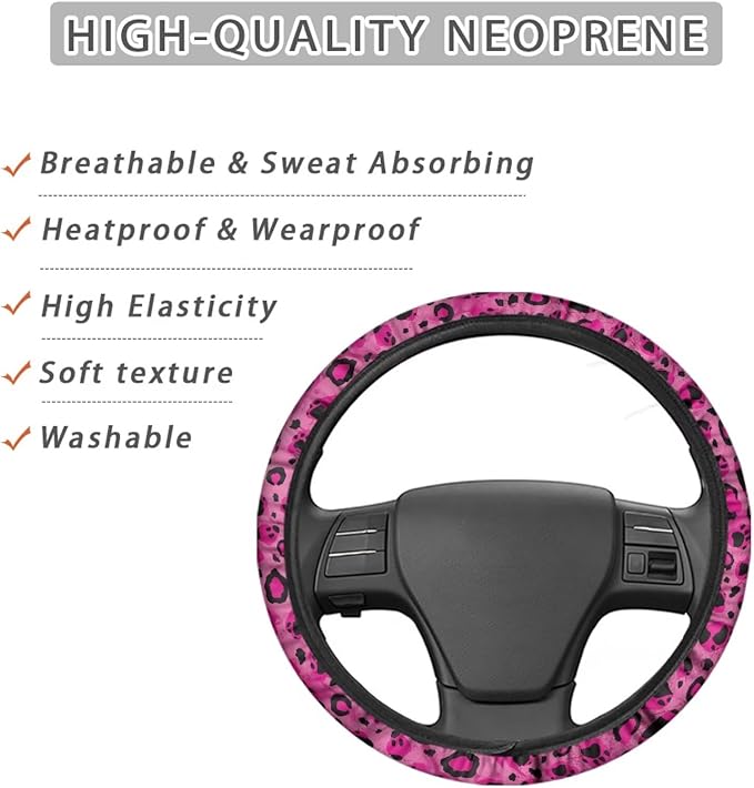 Universal Non-Slip Steering Wheel Cover, 15-inch Polyester Material Driving Accessories, Adjustable for Car and Truck(Cool Purple Leopard Print)