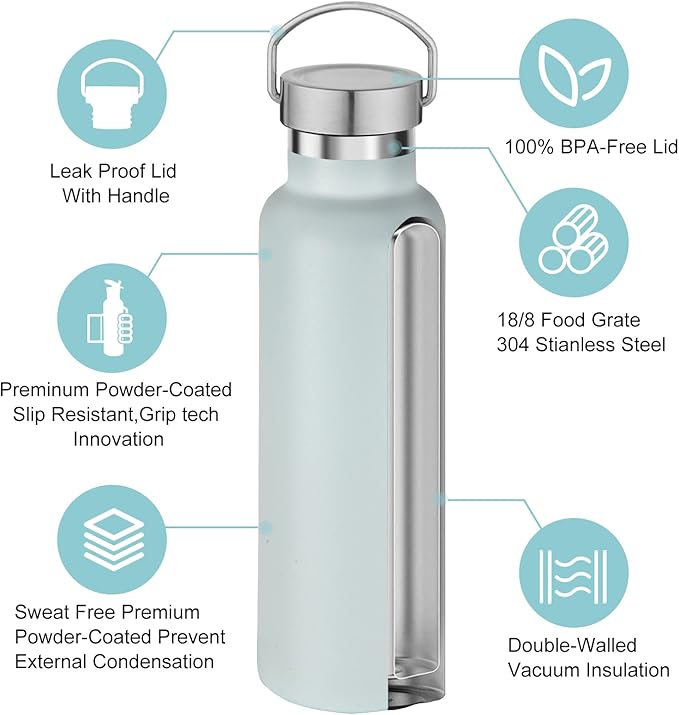Neihepal Fog Stainless Steel Water Bottles,20 Ounce Vacuum Insulated Double Wall Travel Bottle with Leak Proof Lid of Handle,Metal Reusable Standard Mouth Flask Thermoses for School,Hikers,Gift