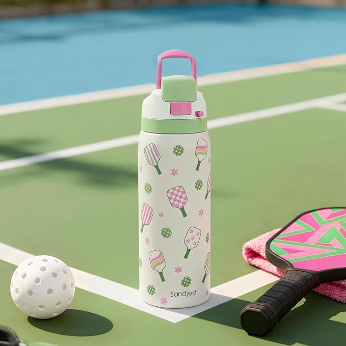 Pickleball Stainless Steel Water Bottle, Vacuum Insulated, Push-Button Lid, 32 oz, Gifts for Women Girls Friends Teens Birthday Christmas