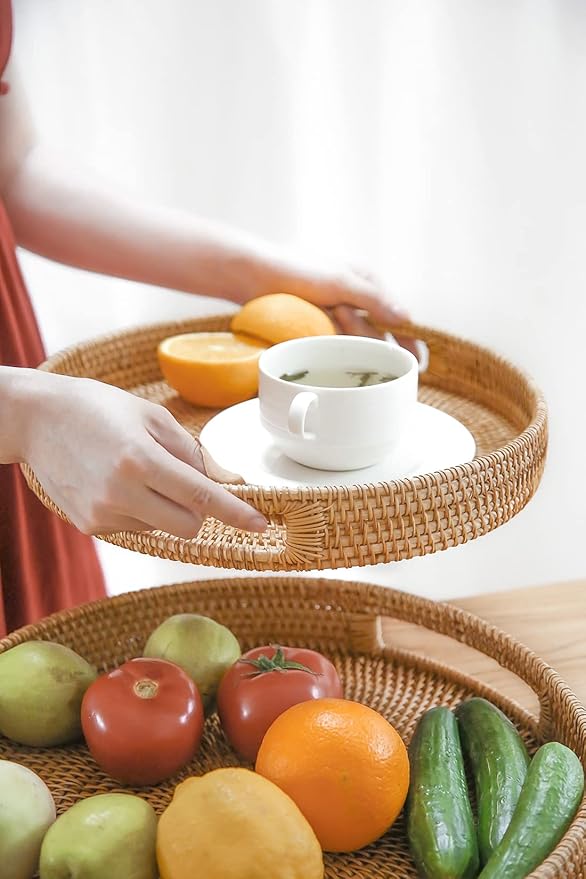HITOMEN 11.8" Hand-Woven Round Rattan Serving Tray Decorative Wicker Trays with Handles for Coffee Table (Natural-M)