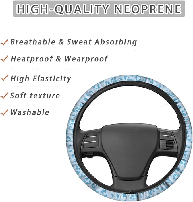 Universal Non-Slip Steering Wheel Cover, 15-inch Polyester Material Driving Accessories, Adjustable for Car and Truck(Light Blue Leopard)